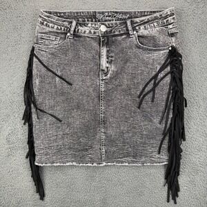 Wired Heart Womens Gray Acid Wash Denim Mini Skirt with Black Side Fringe Sz 32